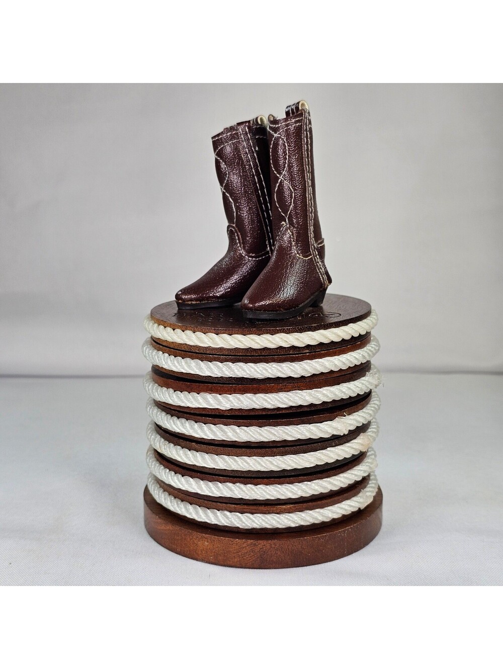 Vintage 1980 Enesco Bar RR Wood Coaster Set Cowboy Boots Western Decor 7pc